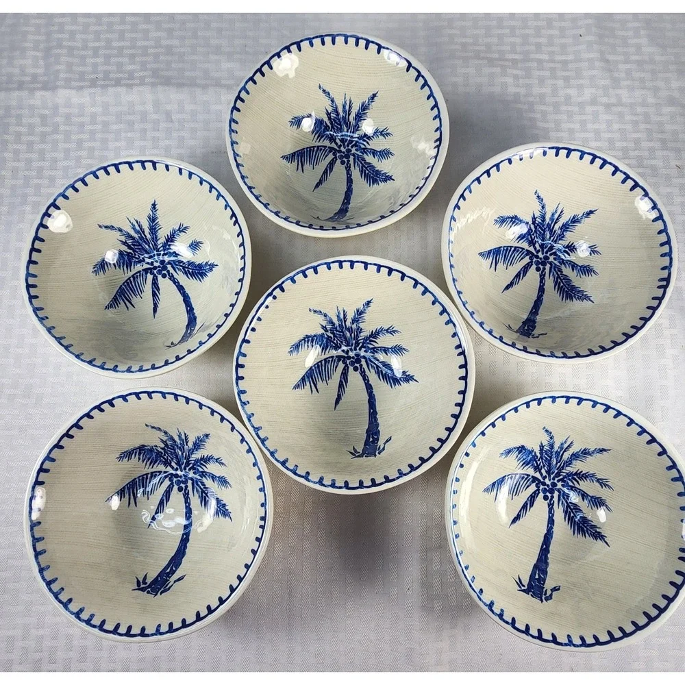 Member's Mark Cobalt Blue & White Palm Trees Deep Bowls Set Of 6 Melamine